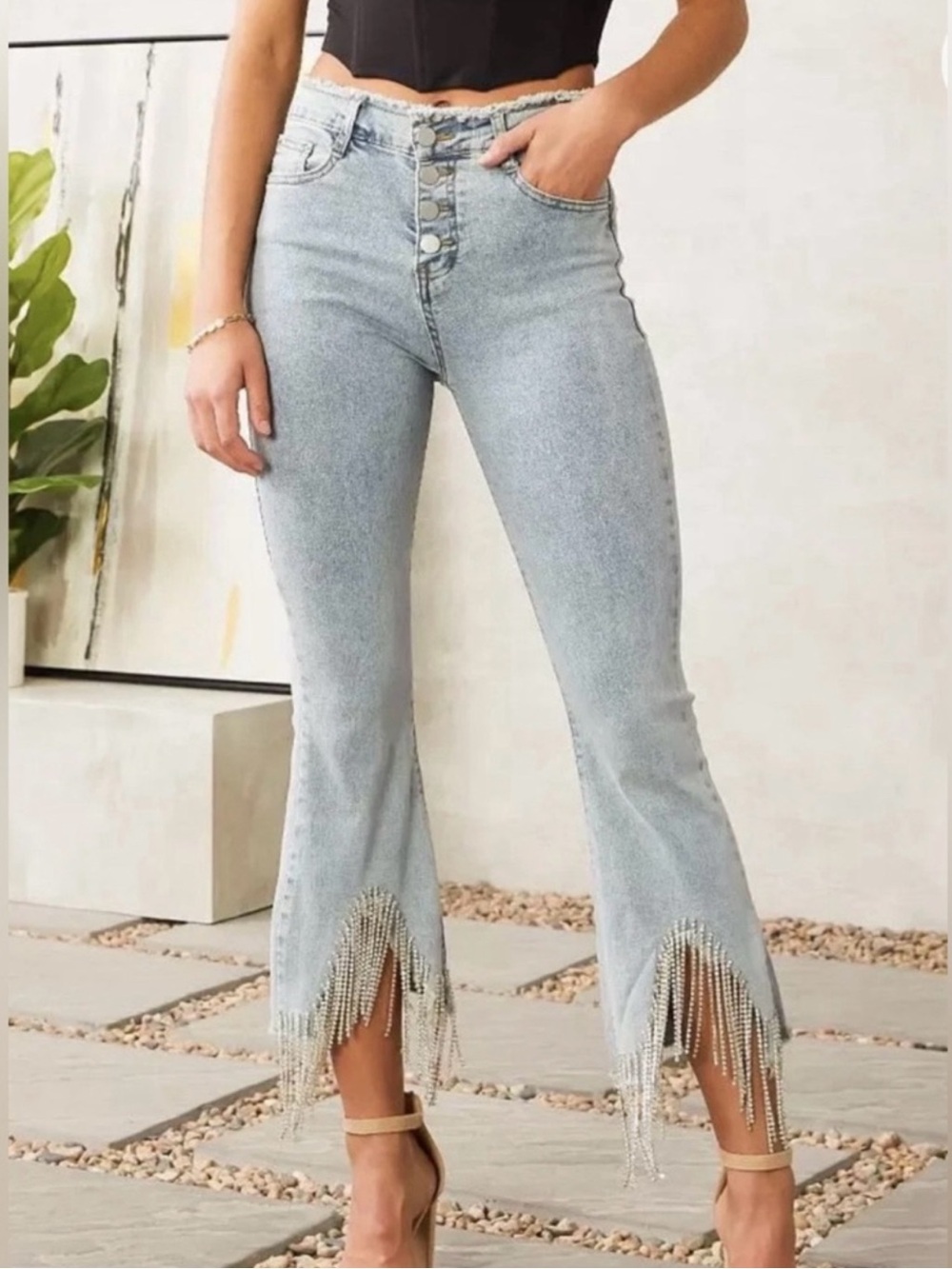Light Wash Rhinestone Fringe Women's Jeans